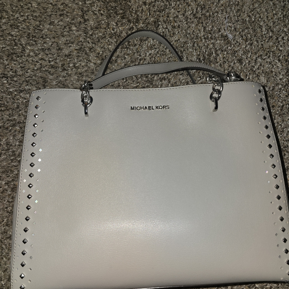 Authent Michael Kors Grey Leather Studded Shoulder Bag With Chain Double Handles
